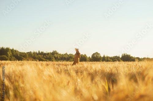 Pregnant woman in the rays of the sunset. Beautiful young girl is walking in the field expecting the birth of a child. Motherhood, pregnancy and happiness concept.