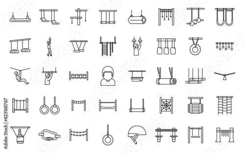 Rope park icons set outline vector. Adult forest. Course adventure