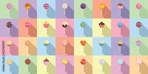 Cake pops icons set flat vector. Bar dessert. Cake bakery