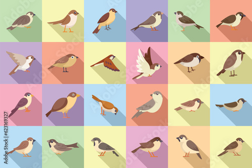 Sparrow icons set flat vector. Fly bird. House tree