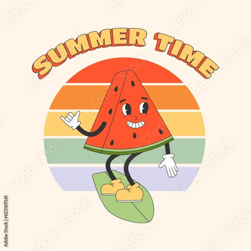 Square poster with cute watermelon character in y2k groovy style. Summer Time text and cartoon character riding surf board