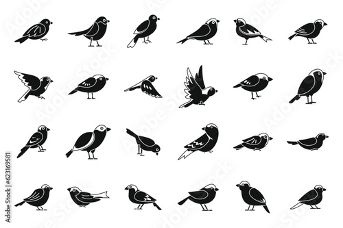 Sparrow icons set simple vector. Fly bird. House tree
