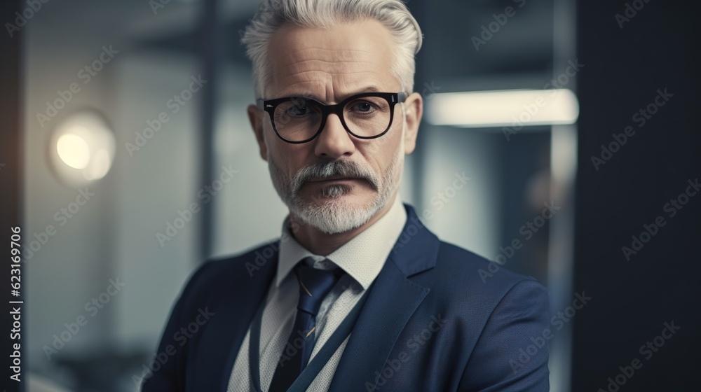 Middle-aged man with glasses and beard stands in an office building. Made with Generative AI.