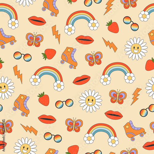 Abstract groovy hippie seamless patterns. Colorful outline elements on pink background in trendy retro style. 