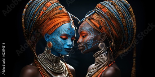 two tribal women side by side in blue and orange  black women with traditional african headdress  fictional persons created with generative ai