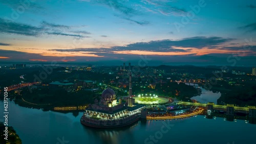 A 4K scenic aerial hyperlapse view of Putrajaya Mosque during beautiful sunset