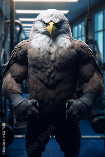fit Eagle standing at the gym, Eagle on a Fitness Journey, Majestic Bird at the Gym, generative AI