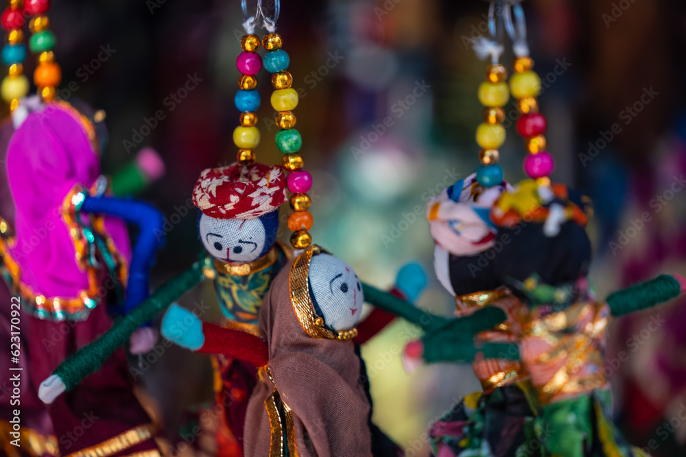 Indian colorful Rajasthani handmade Puppets and Crafts products at shop in pushkar.