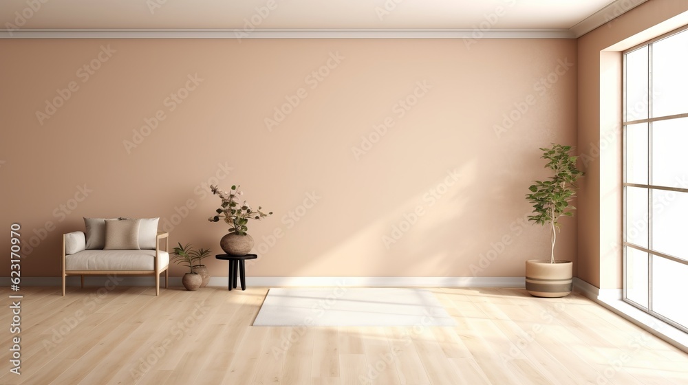 Fototapeta premium beige color sofa with brown bright color wall Contemporary home interior living room mock up house beautiful background,generative ai