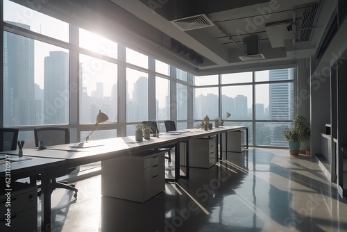 Daytime office space with row of working office table and work station unit modern interior office design,Generative AI