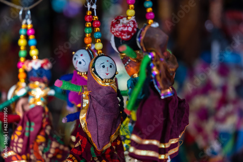 Indian colorful Rajasthani handmade Puppets and Crafts products at shop in pushkar.