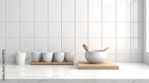 home interior design detail white cookware ceramic and wooden kitchen collection on white counter top kitchen home interior design, Created with Generative AI Technology.