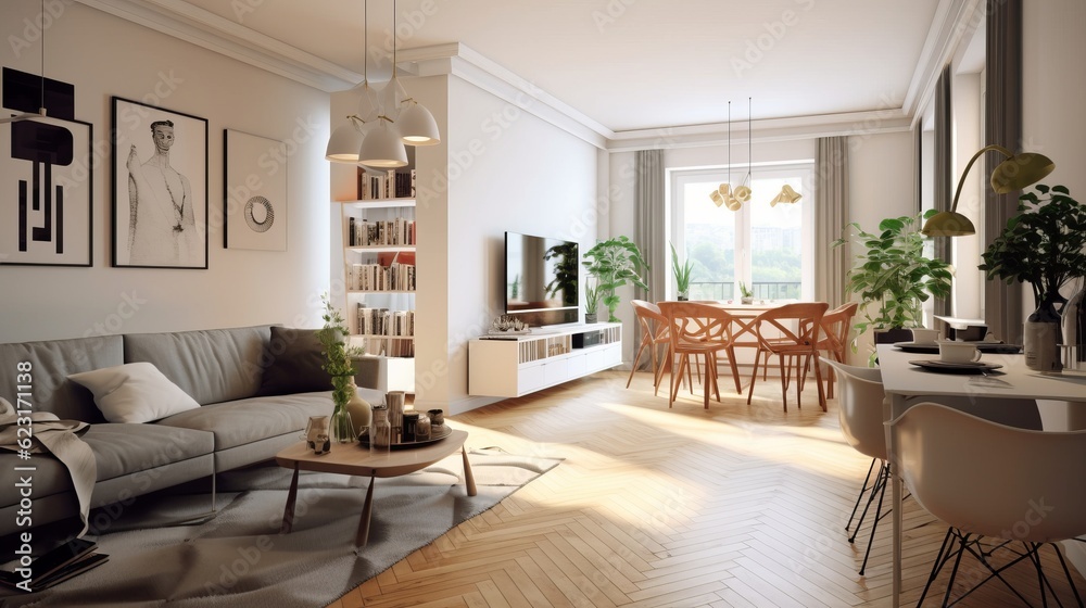 Fototapeta premium home interior design concept living family area contemporary interior style with nature sky and garden view in terrace, image ai generate