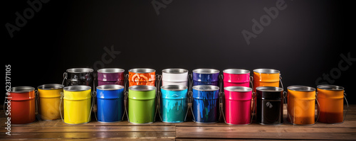 Group of color paint cans. wide banner, copy space for text