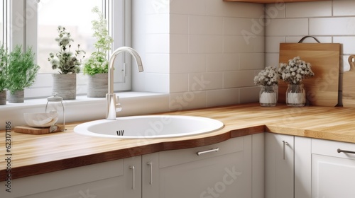 kitchen design home interior design concept kitchen sink with light from window house beautiful design background Created with Generative AI Technology.