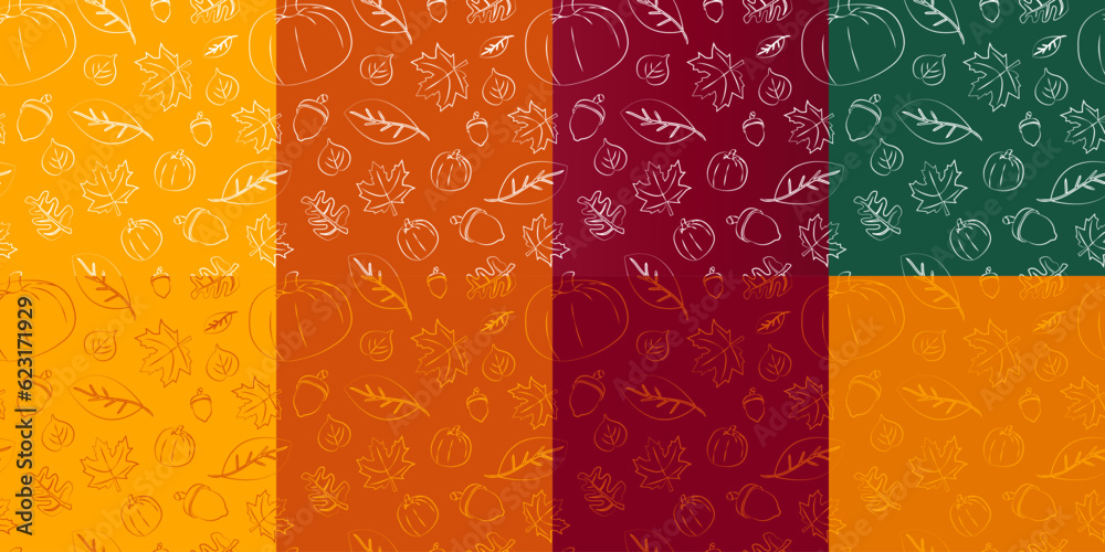 Set of Autumn hand-drawn pattern on assorted fall colors. Autumn leaves, maple leaves, acorn, pumpkin. Fall pattern vector illustration. EPS 10.