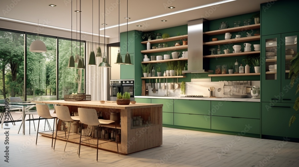 Green kitchen and minimalist interior design. Generative AI.