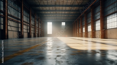 Empty warehouse in logistic center. Generative AI.