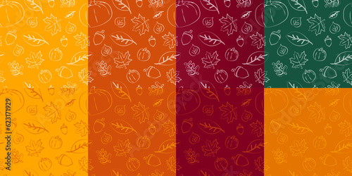 Set of Autumn hand-drawn pattern on assorted fall colors. Autumn leaves, maple leaves, acorn, pumpkin. Fall pattern vector illustration. EPS 10.