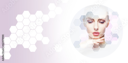 Portrait of healthy and beautiful woman. Female face in honeycomb texture. Young girl in plastic surgery, medicine, spa and face lifting concept.