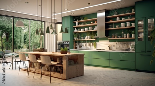 Green kitchen and minimalist interior design. Generative AI. © Newton