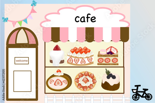 Cafe pastel showing many type of cake for background backdrop cafe canteen concept 