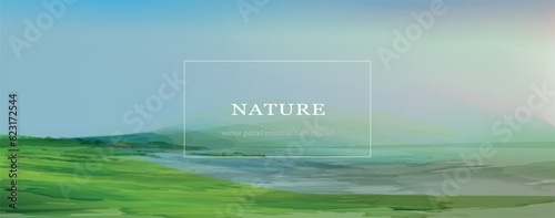 Nature panoramic view, Israel nature. Sea of Galilee landscape. Watercolor textured vector background. 
