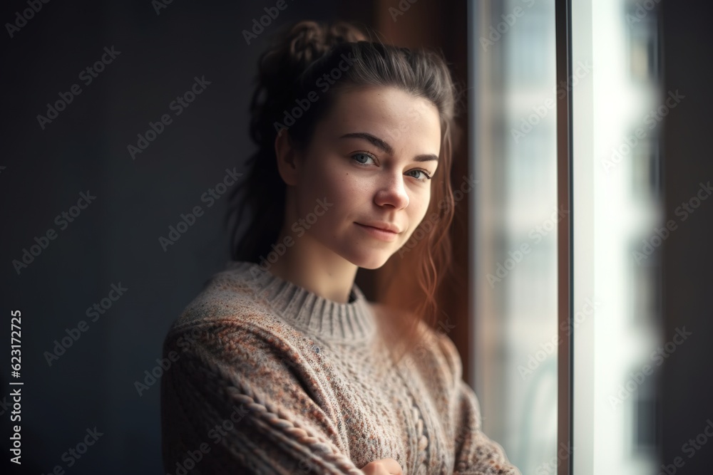 Portrait of beautiful smiling girl standing near window. The girl in brown sweater. Made with Generative AI. Portrait of beautiful smiling girl standing near window. The girl in brown sweater. Made with Generative AI.