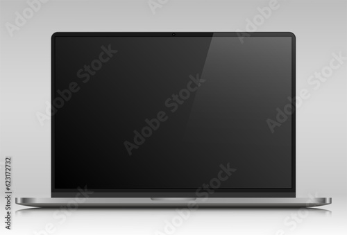 Realistic layout of a modern laptop in a silver metal case. A laptop with an empty black screen on a gray gradient background. Vector illustration.