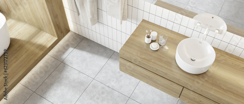 Bathroom interior design style modern minimalist Japan, tranquil rest wooden floor, white tiled wall, floor, bathtub, bathrobe, counter sink, mirror. 3D render
