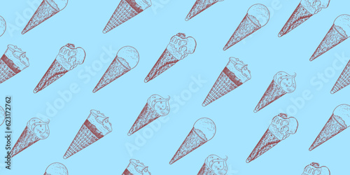 Seamless pattern with ice cream in waffle cone. Vintage blue background with sketch style ice cream. Frozen dessert. Gelato drawing with hatching.