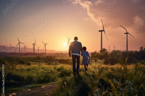 Young Engineer Father Sharing Wind Turbines with Child
