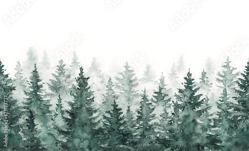 Hand painted watercolor illustration, seamless pattern of misty forest