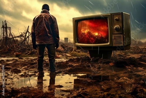 Surreal Illustration of TV Destroying Planet with Lies