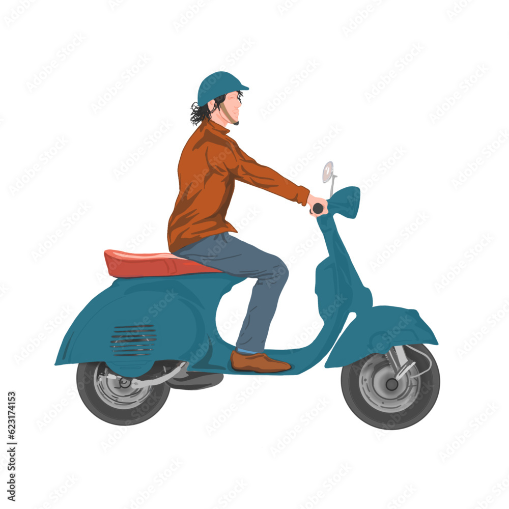Men who are riding a motorcycle scooter with a white background