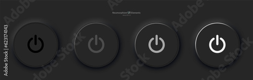 A set of four black round buttons with backlight and power symbols. User interface elements for mobile devices in the style of neumorphism, UI, UX. Vector illustration.