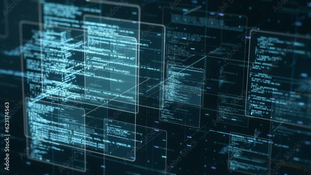 abstract network with random programming code, web and software development concept, futuristic technology, digital connectivity, cyber space (3d render)