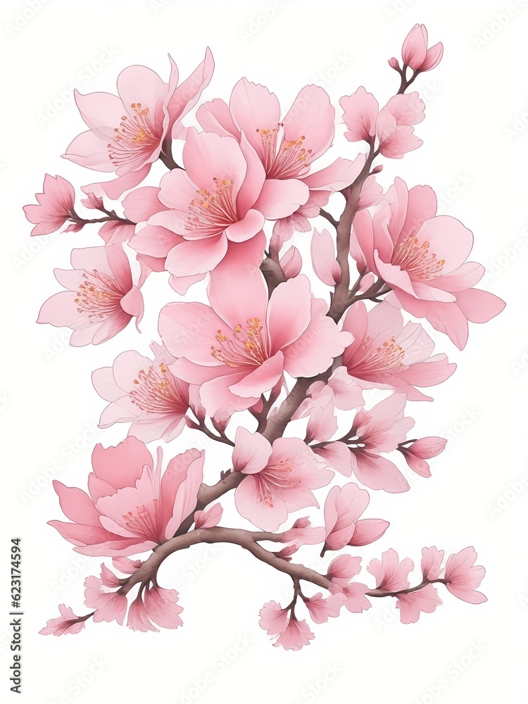 Sakura blossom branch with flowers. Isolated illustration of  Japanese pink cherry or apricot floral elements fall down vector background. Cherry blossom branch, flower petal illustration 