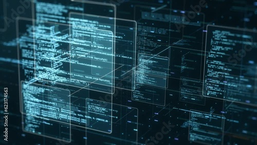 abstract network with random programming code, web and software development concept, futuristic technology, digital connectivity, cyber space (3d render)