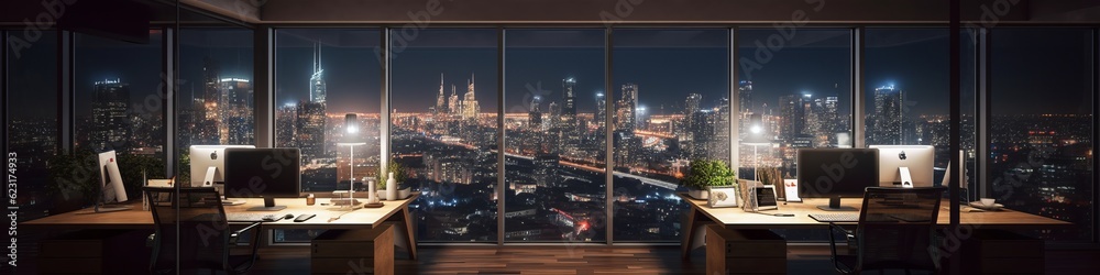 Obraz premium night time office space with row of working office table and work station unit modern interior office design,Generative AI