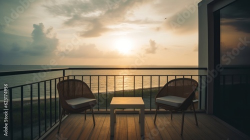 home interior design concept house beautiful balcony terrace with armchiar with background of sky sunset wonderful nature scenery landscape,generative ai © VERTEX SPACE