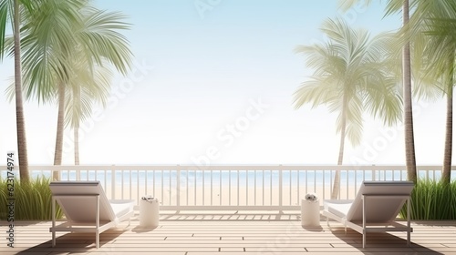 summer delight wooden balcony patio deck with sunlight and coconut tree panorama view house interior mock up design background house balcony daylight,generative ai © VERTEX SPACE