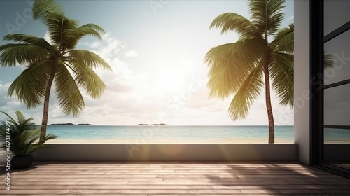 summer delight wooden balcony patio deck with sunlight and coconut tree panorama view house interior mock up design background house balcony daylight,generative ai © VERTEX SPACE