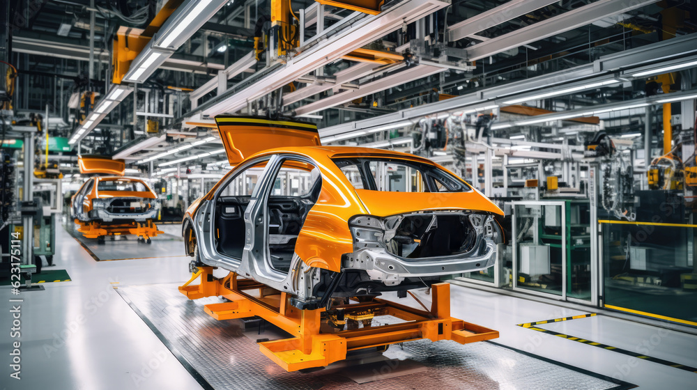 Mass production assembly line of modern cars in a busy factory Mass production assembly line of modern cars in a busy factory