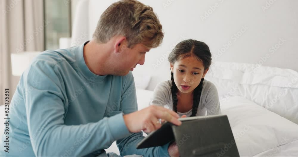 Relax, tablet and father with daughter in bedroom for streaming, website and social media. Happy, elearning and technology with man and child in family home for games, internet and communication Relax, tablet and father with daughter in bedroom for streaming, website and social media. Happy, elearning and technology with man and child in family home for games, internet and communication