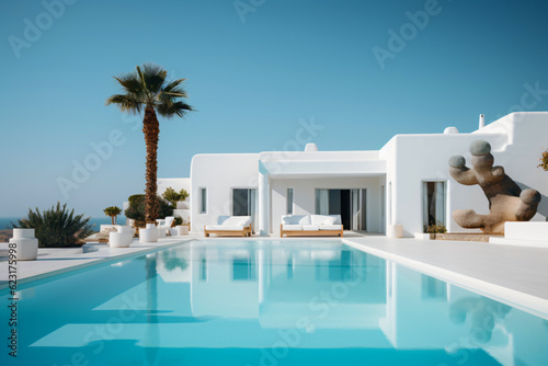 luxurious mediterranean home, outdoor living concept with private oasis, traditional white house with swimming pool, fictional architecture created with generative ai