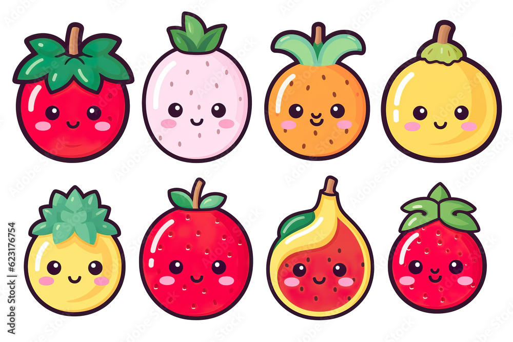 custom made wallpaper toronto digitalKawaii beautiful fruits sticker image, in the style of kawaii art, meme art, isolated white background PNG