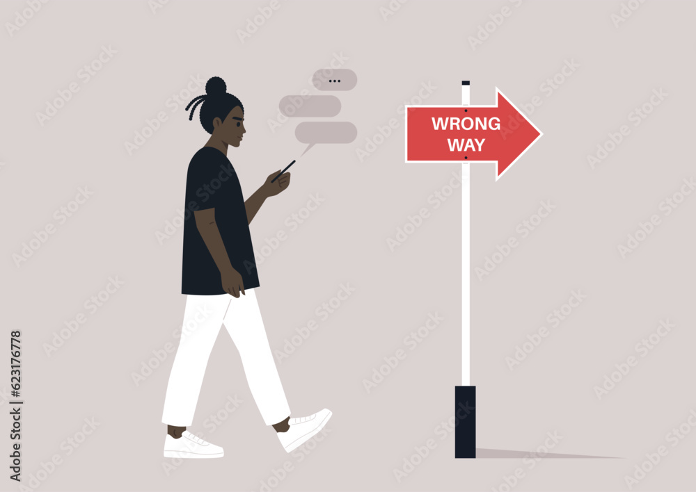 Young African character addicted to their smartphone ignoring a banana peel on their way Young African character addicted to their smartphone ignoring a banana peel on their way