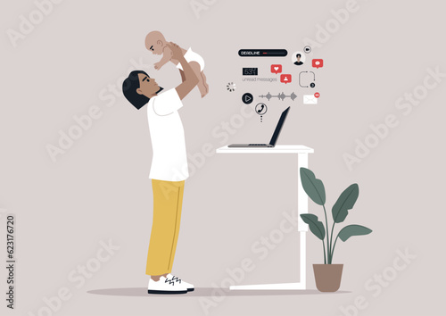 Work life balance, A young Caucasian parent playing with their newborn baby while doing their office tasks remotely