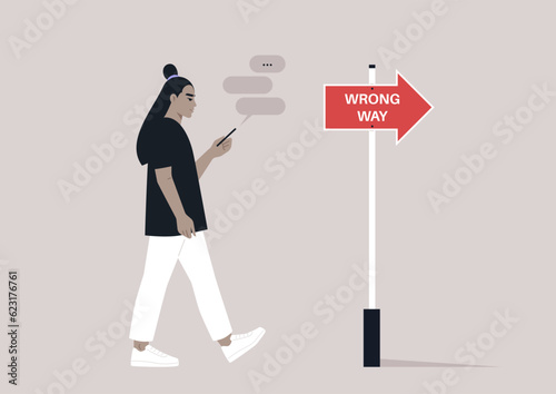 Young Asian character addicted to their smartphone ignoring a banana peel on their way